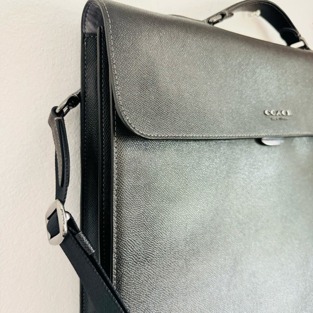 COACH Graham Flap Brief Black Leather Travel Shoulder Bag Briefcase Suede Lined - Picture 3 of 15